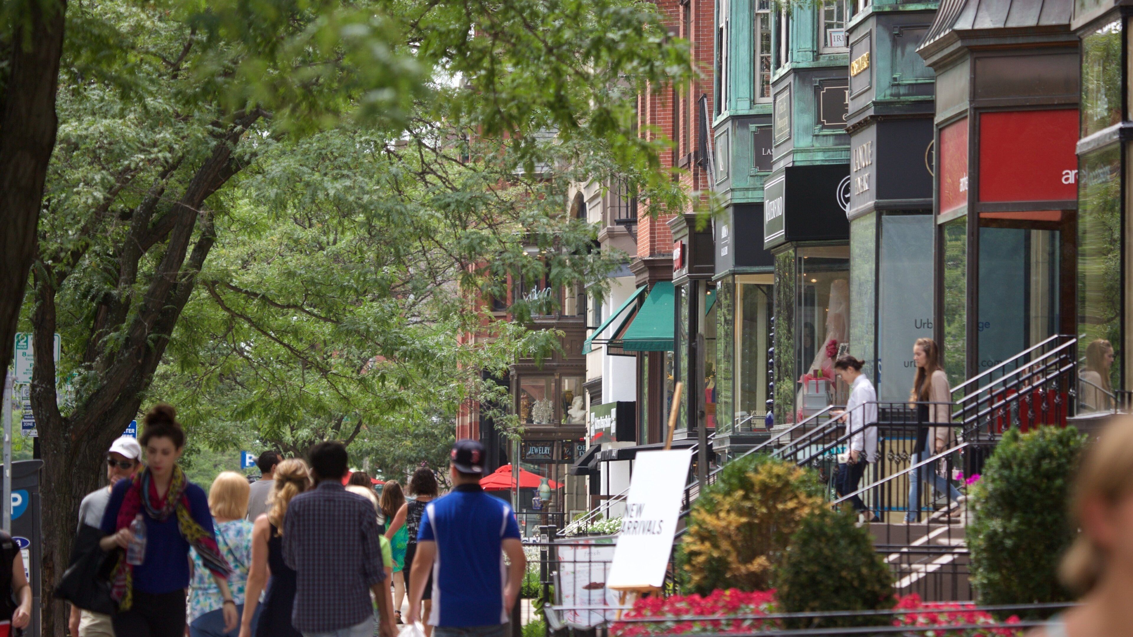 Back Bay som inkluderer gatescener og by i tillegg til en stor gruppe med mennesker