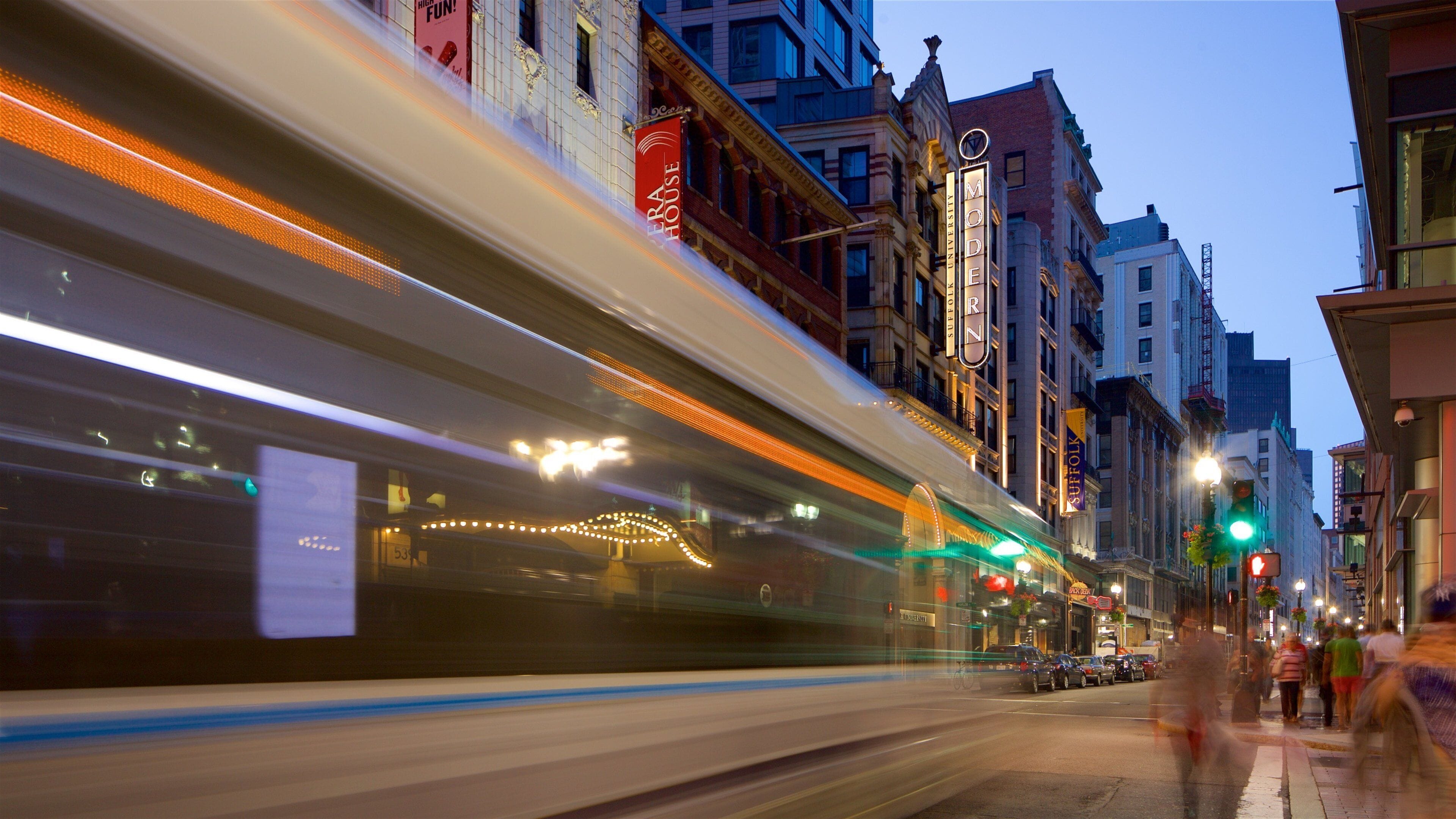 Theatre District - Downtown Crossing which includes night scenes and a city