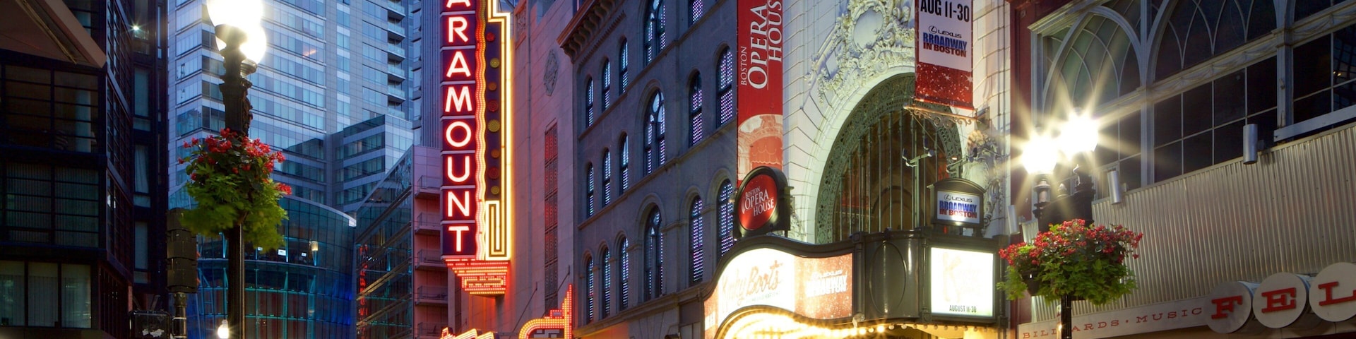 Theatre District showing signage, street scenes and a city