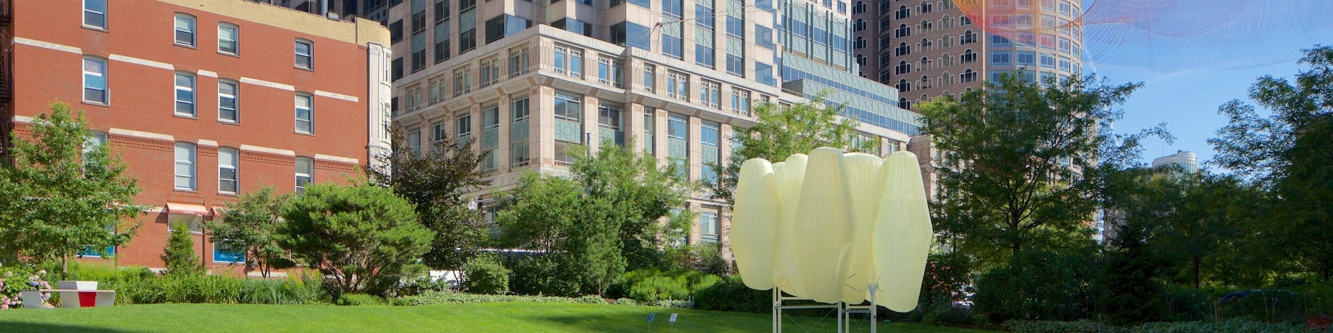 Boston Financial District which includes a garden and a city