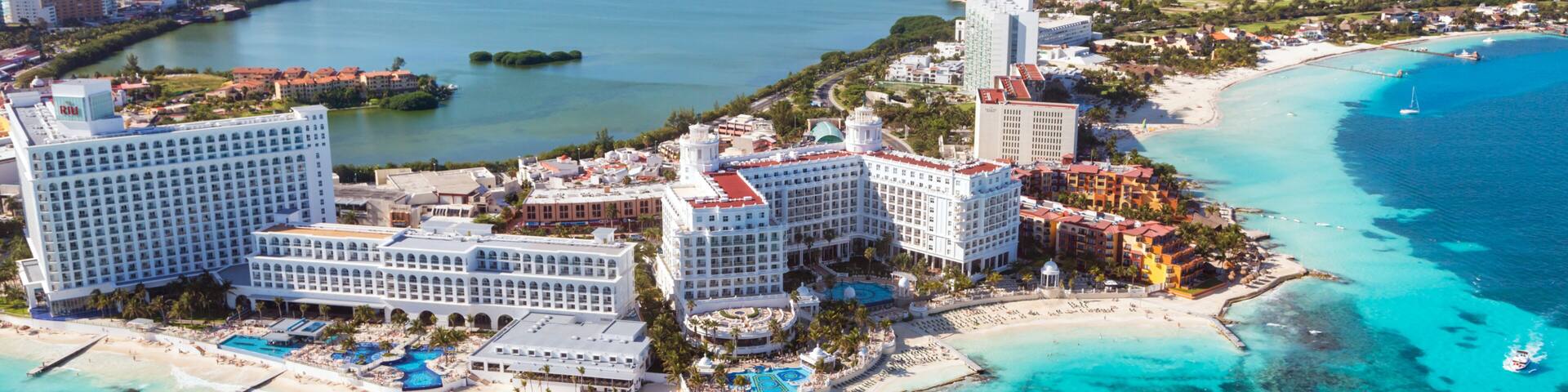 Aerial view of Cancun hotel zone and coast, Quintana Roo, Mexico
