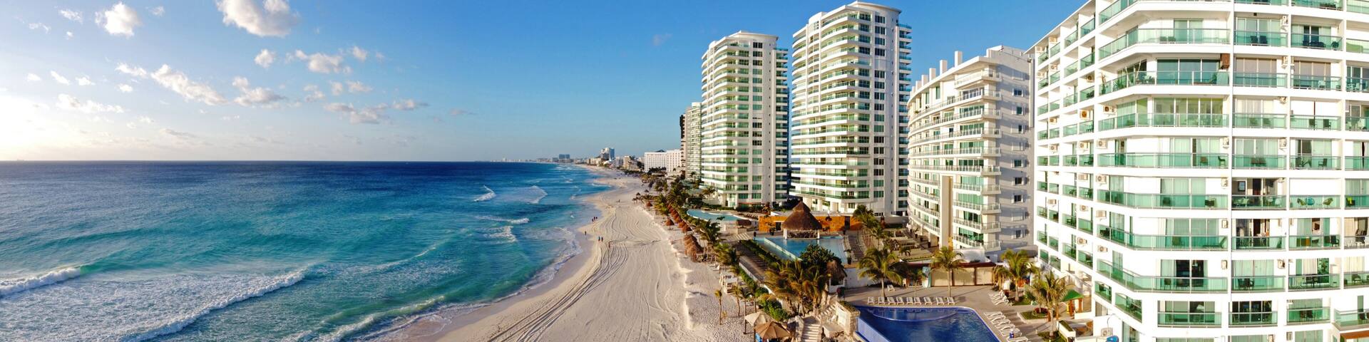 Cancun beach and hotel zone panorama aerial view, Cancun, Quintana Roo QR, Mexico.