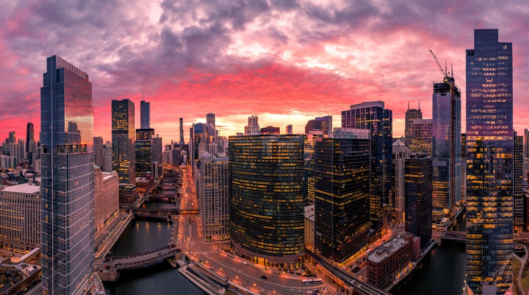 Chicago aerial view, river from a drone panorama