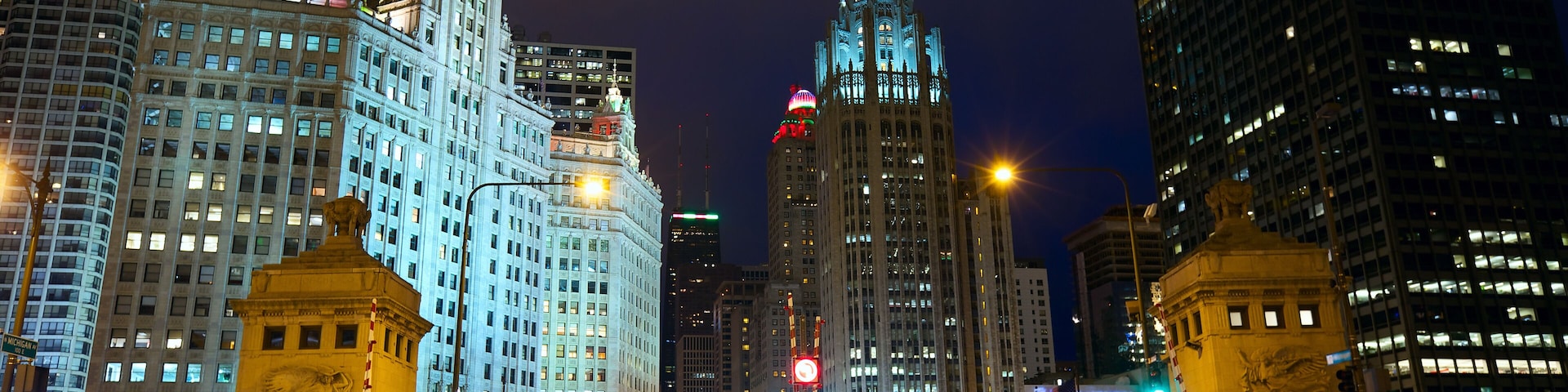 Magnificent Mile with traffic at night, Chicago, IL, USA