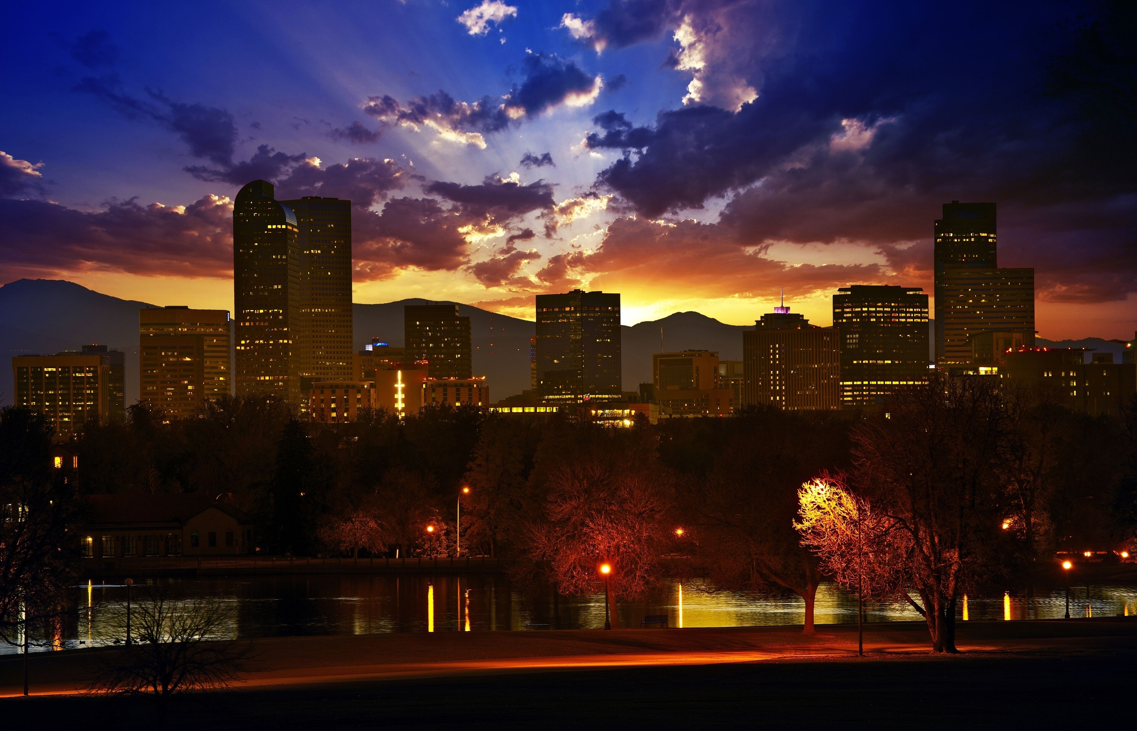 Denver Skyline at Sunset. Colorful Beautiful Sunset in Denver Colorado, United States. Downtown Denver. Colorado Photo Collection.