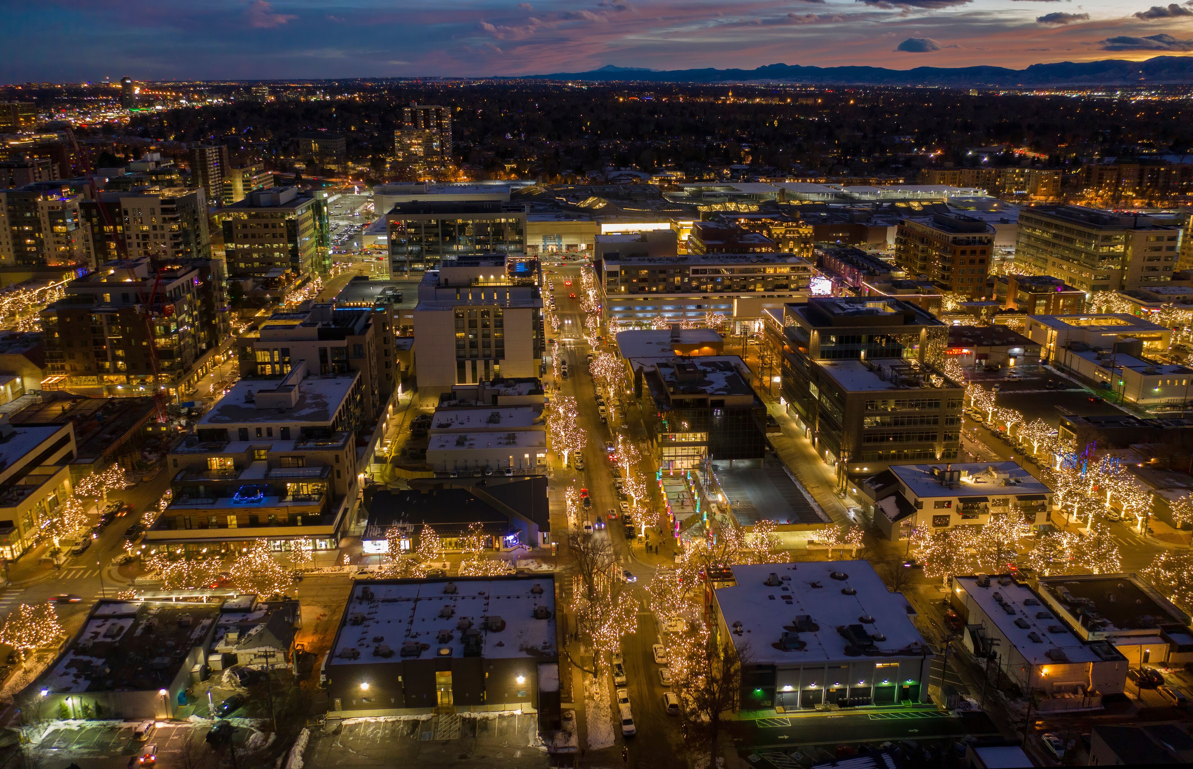 Aerial View of Cherry Creek Shopping and Dining District in the Denver Metro with Christmas Lights during the Holidays