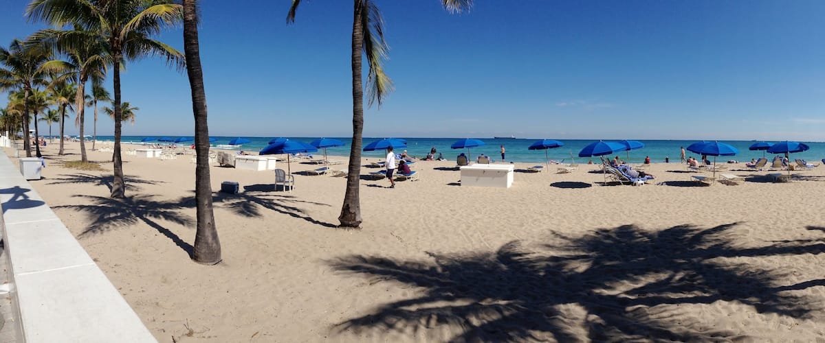 A beach with palm trees, blue umbrellas, and people relaxing.