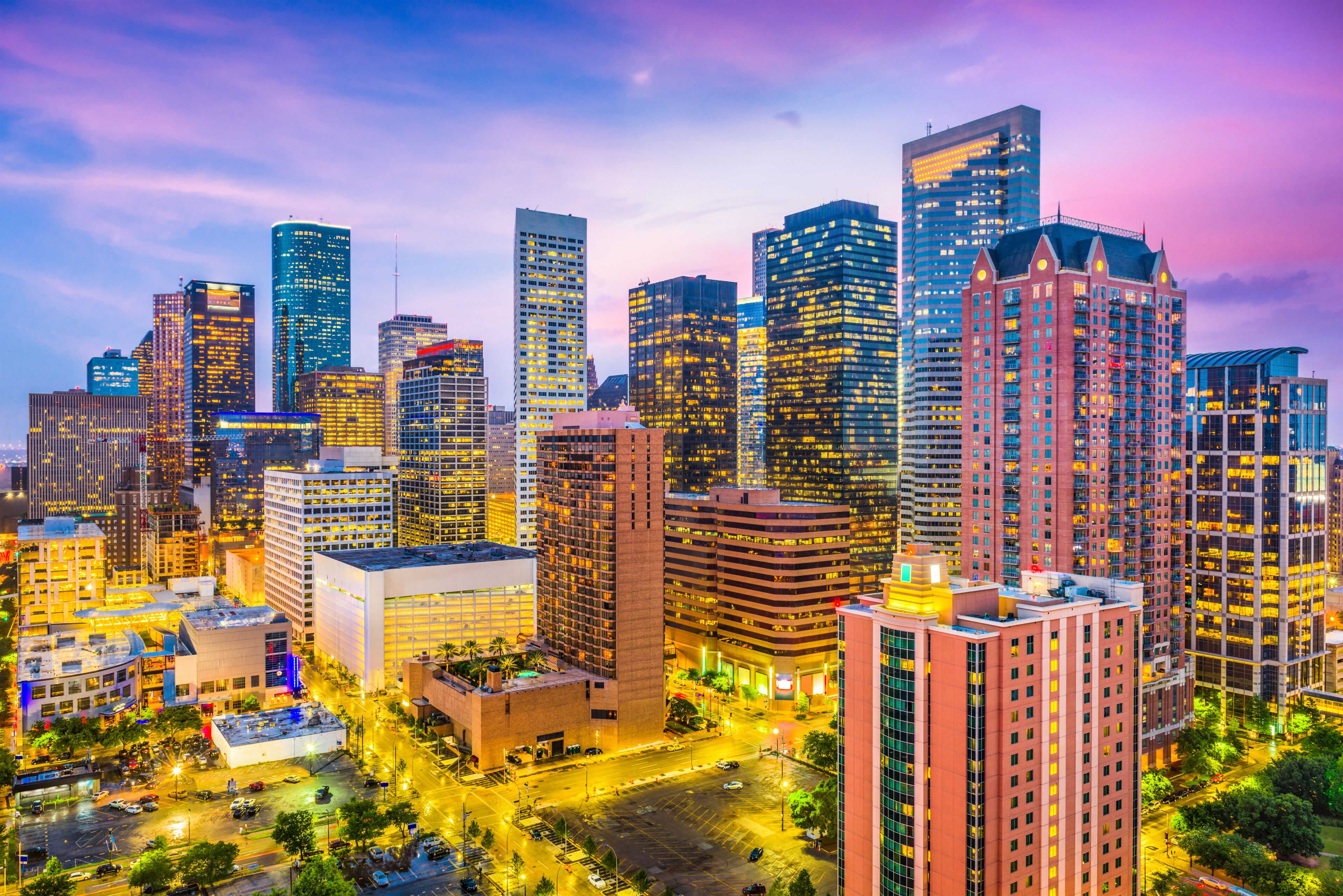 Houston, Texas, USA downtown city skyline at twilight.