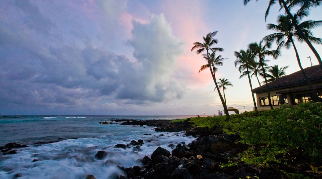 Poipu featuring tropical scenes, general coastal views and a sunset