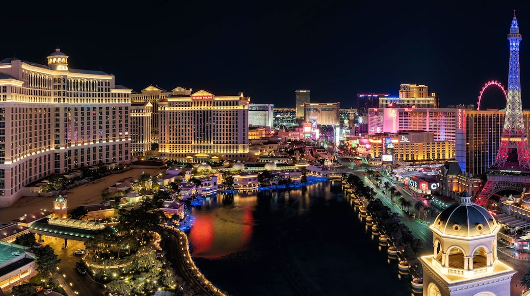 Panorama wide angle view of the Las Vegas Strip and city skyline at night, Nevada, USA
