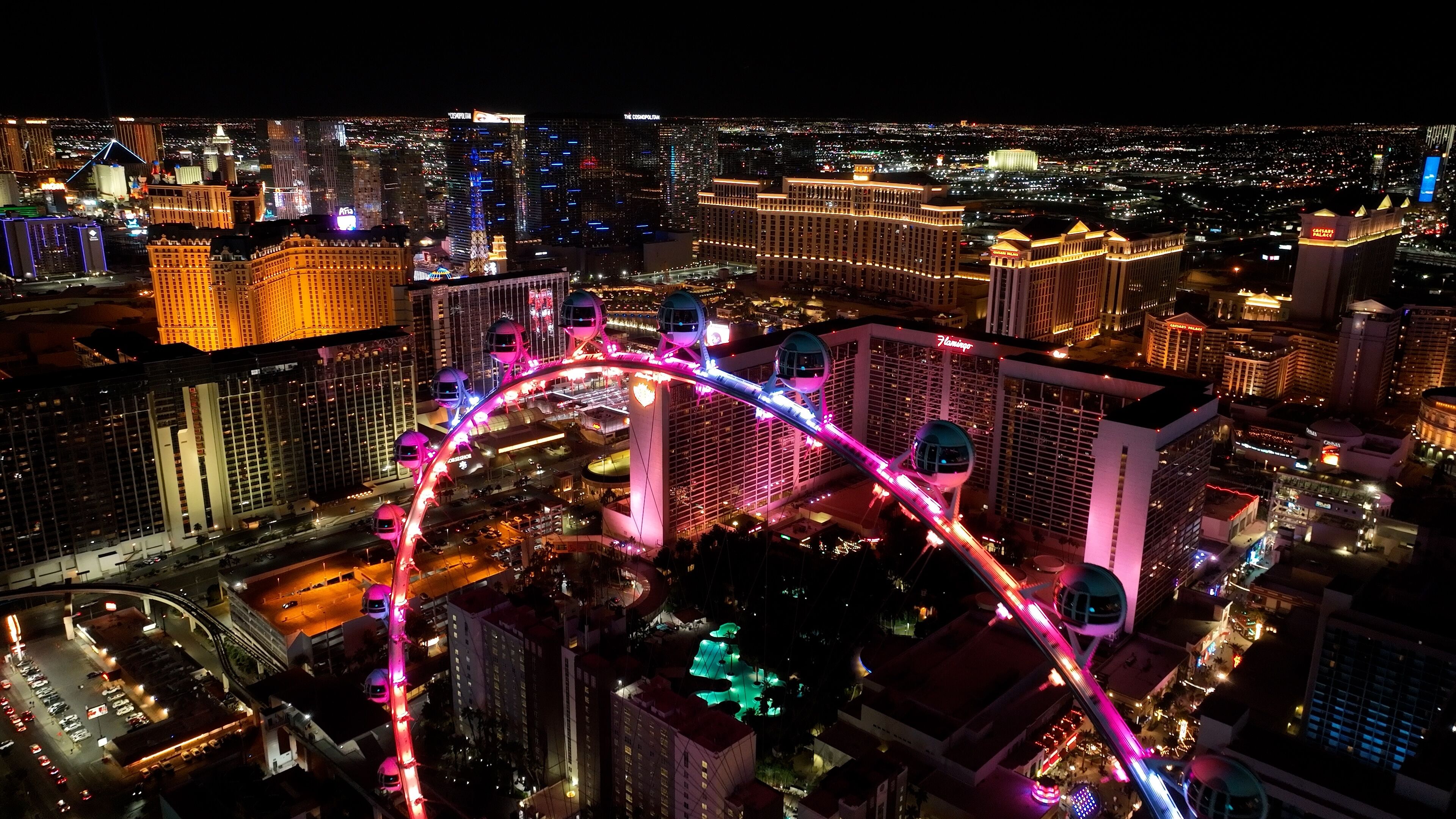 High Roller At Las Vegas In Nevada United States. Famous Night Landscape. Entertainment Scenery. High Roller At Las Vegas In Nevada United States. 