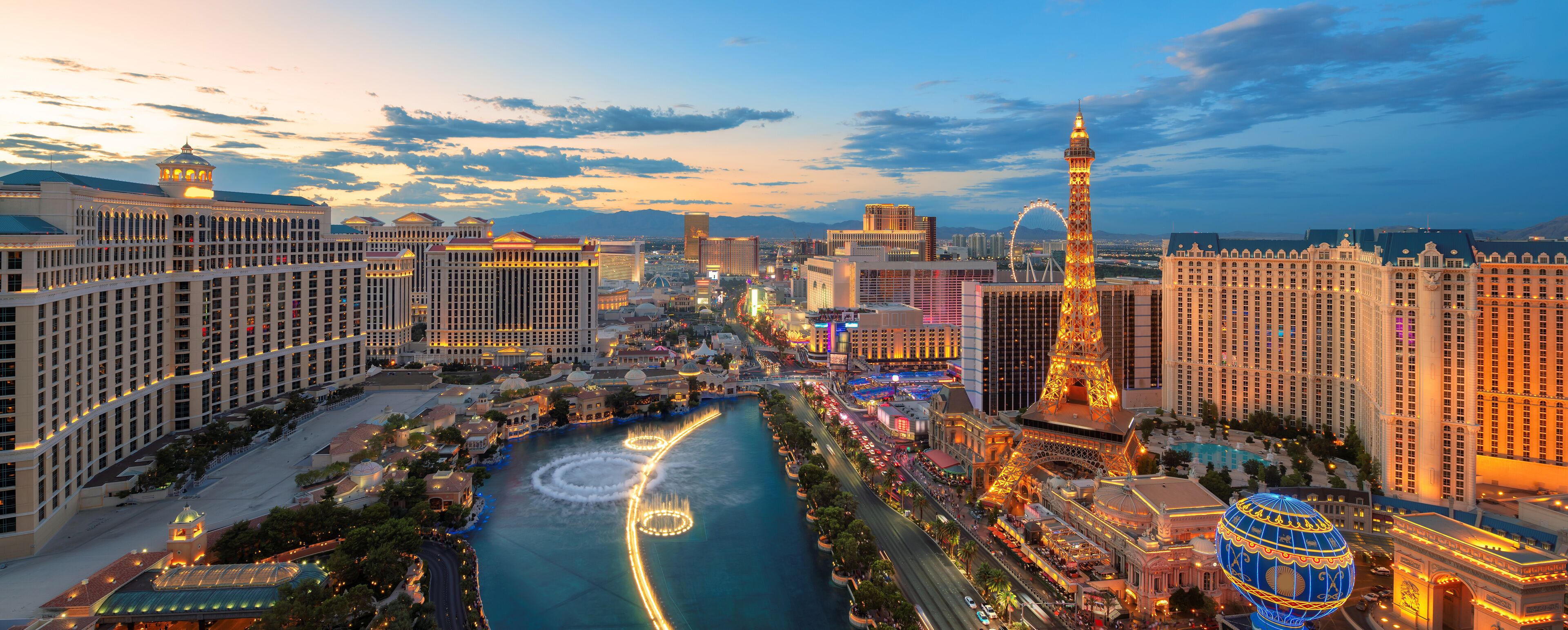 Panoramic view of Las Vegas strip at sunset	
