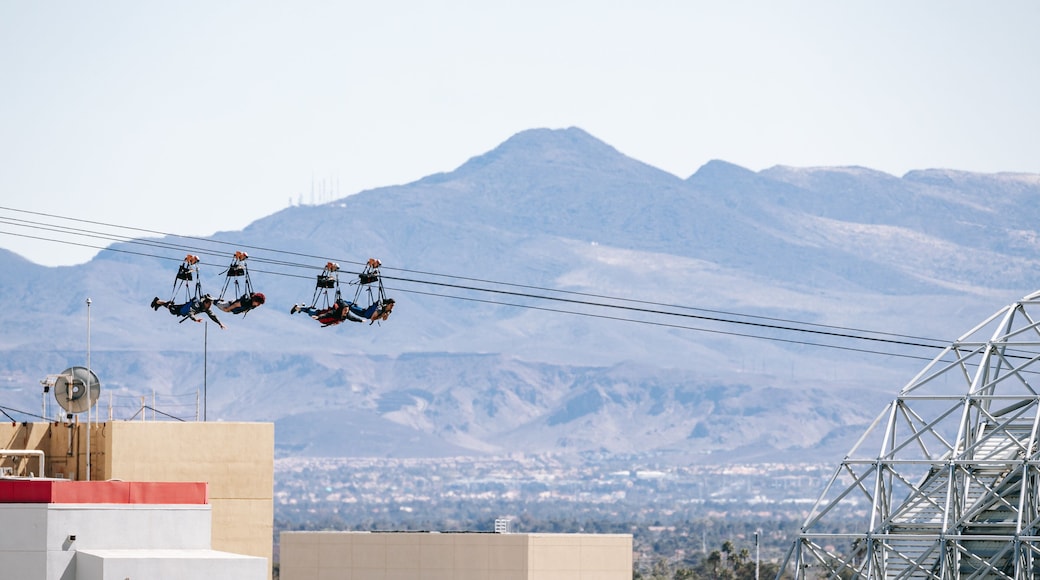 Downtown Las Vegas showing landscape views and zip lining as well as a small group of people