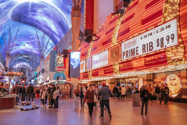 Downtown Las Vegas which includes signage, night scenes and street scenes