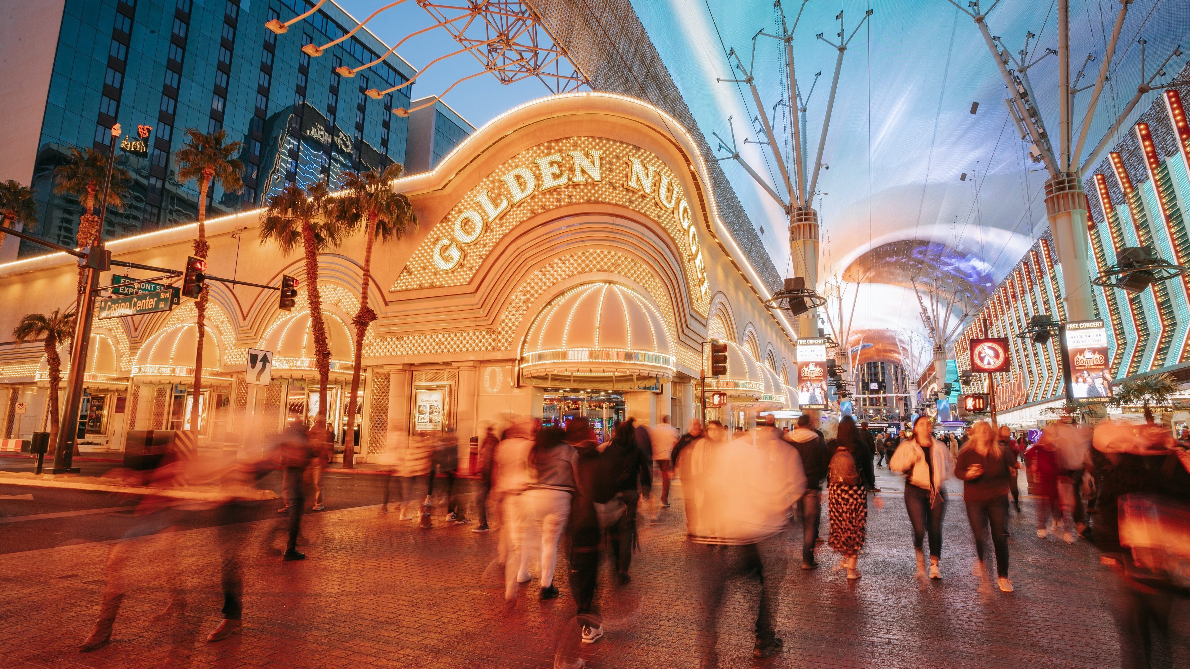 Downtown Las Vegas showing street scenes, signage and night scenes