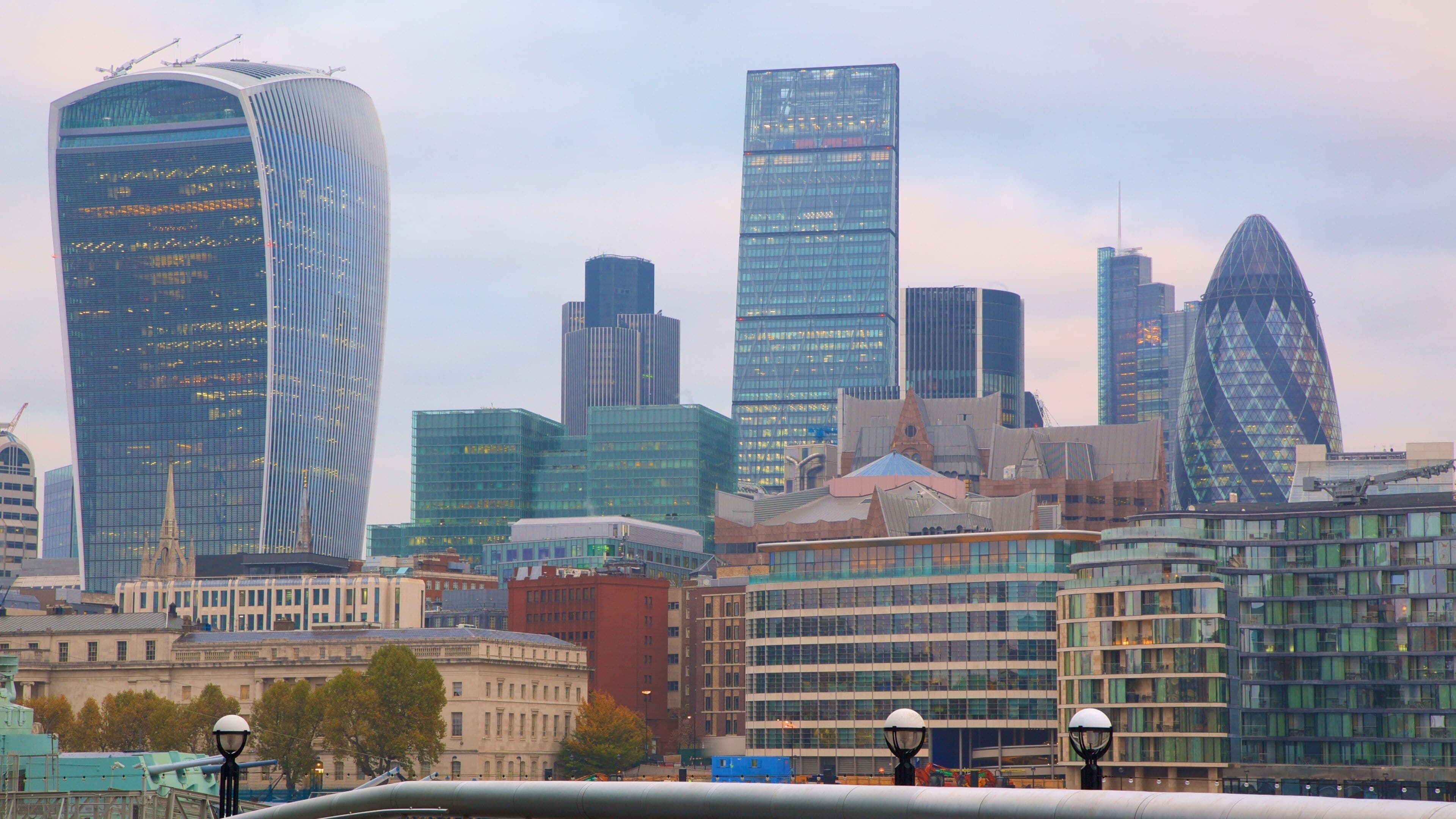 The City of London which includes modern architecture, city views and a city