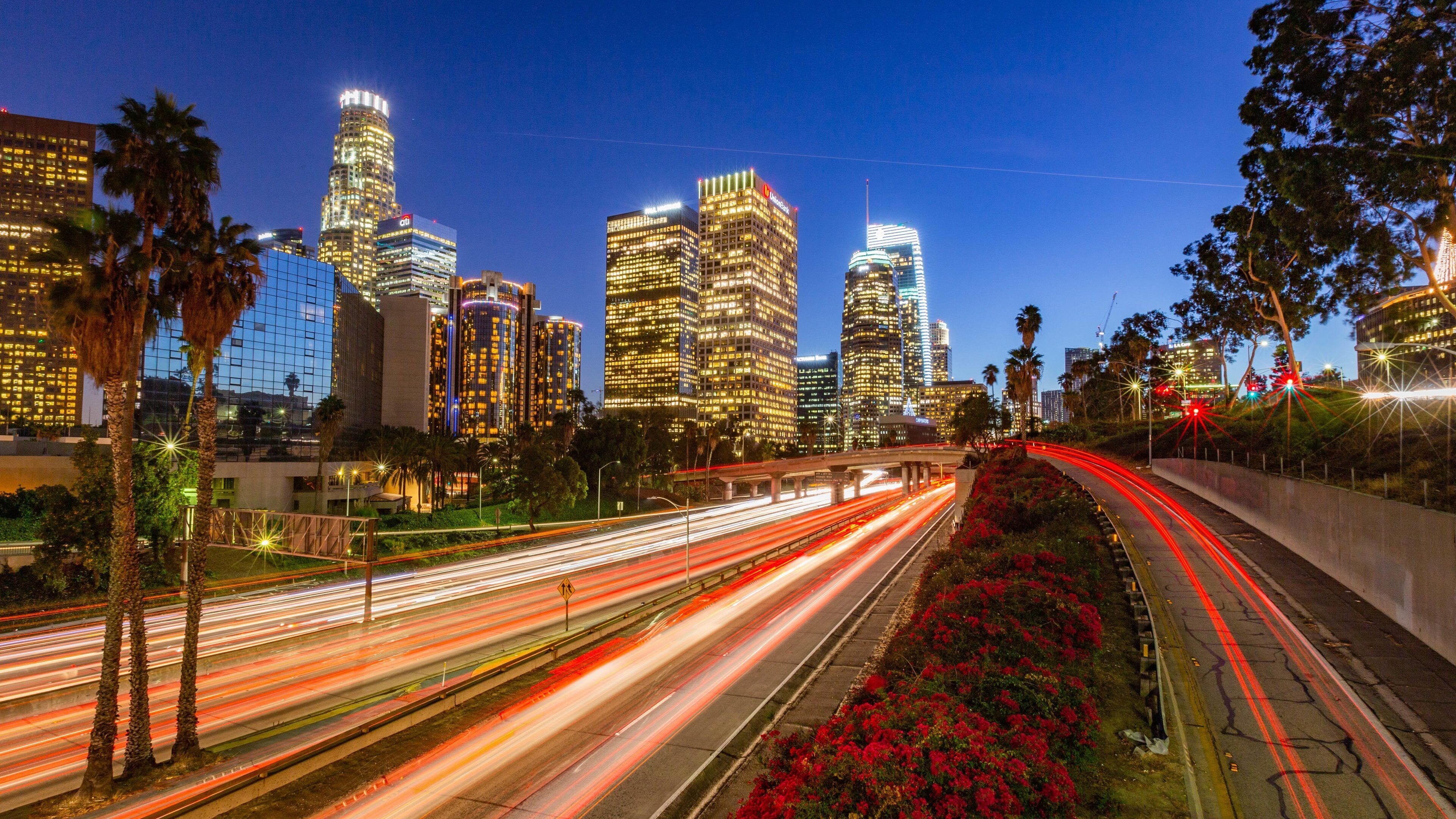 Downtown Los Angeles showing night scenes and a city