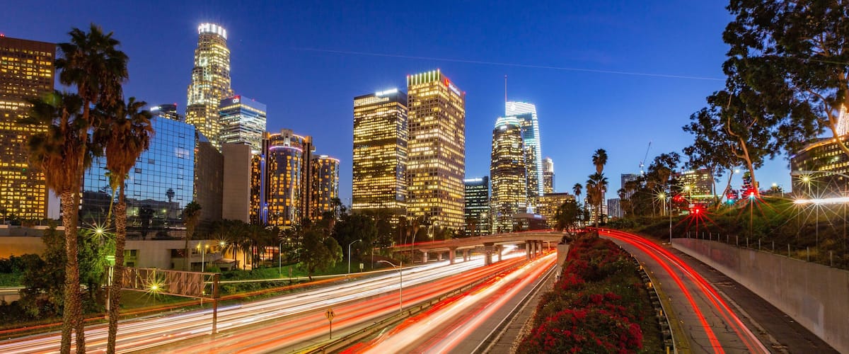 Downtown Los Angeles showing night scenes and a city
