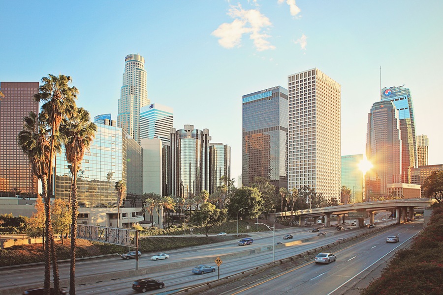 A quiet dowtown LA traffic during Christmas holidays. None congested 110 FWY with a peaceful, quiet sunset atmosphere at city of Los Angeles.