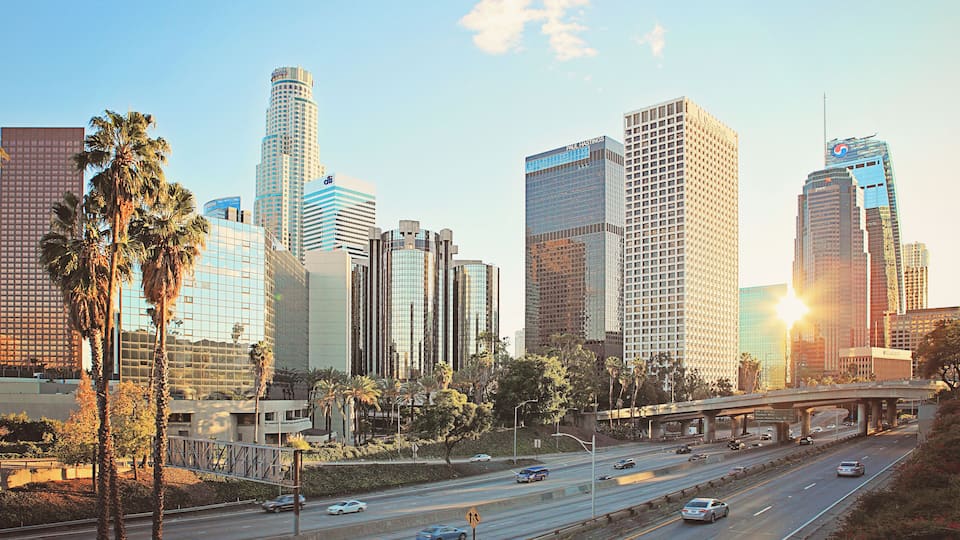 A quiet dowtown LA traffic during Christmas holidays. None congested 110 FWY with a peaceful, quiet sunset atmosphere at city of Los Angeles.