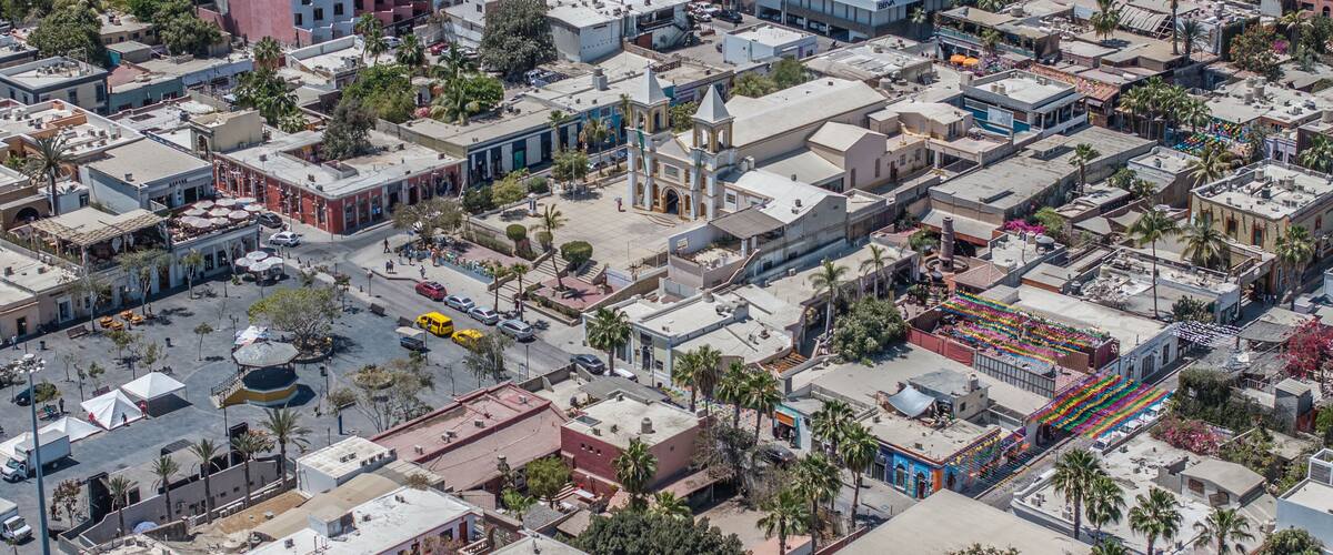 San José del Cabos, Mexico, aerial view of area around Plaza Mijares, the historic city center with Municipal Buildings, and "Misión San José del Cabo" Church