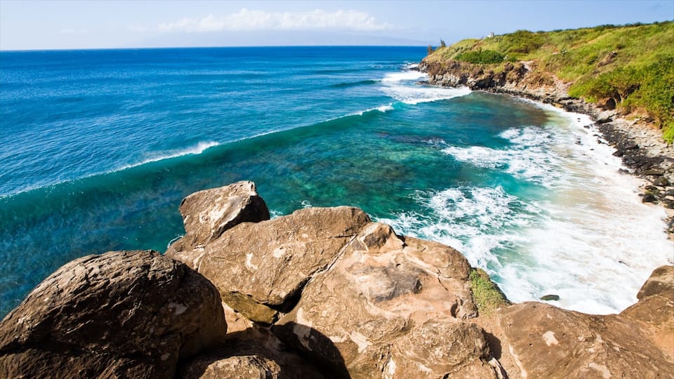 A coastal landscape with clear blue waters, rocky cliffs, and a grassy hillside.