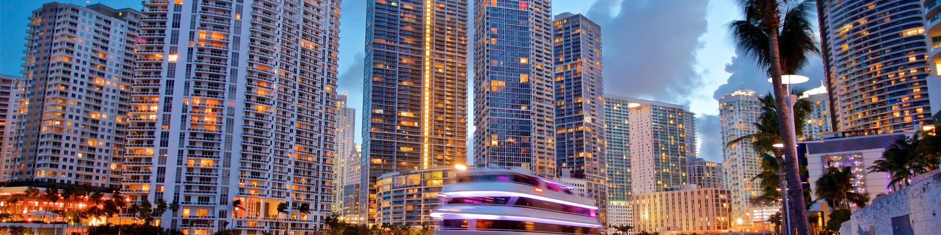 Miami showing a city, a bay or harbor and night scenes