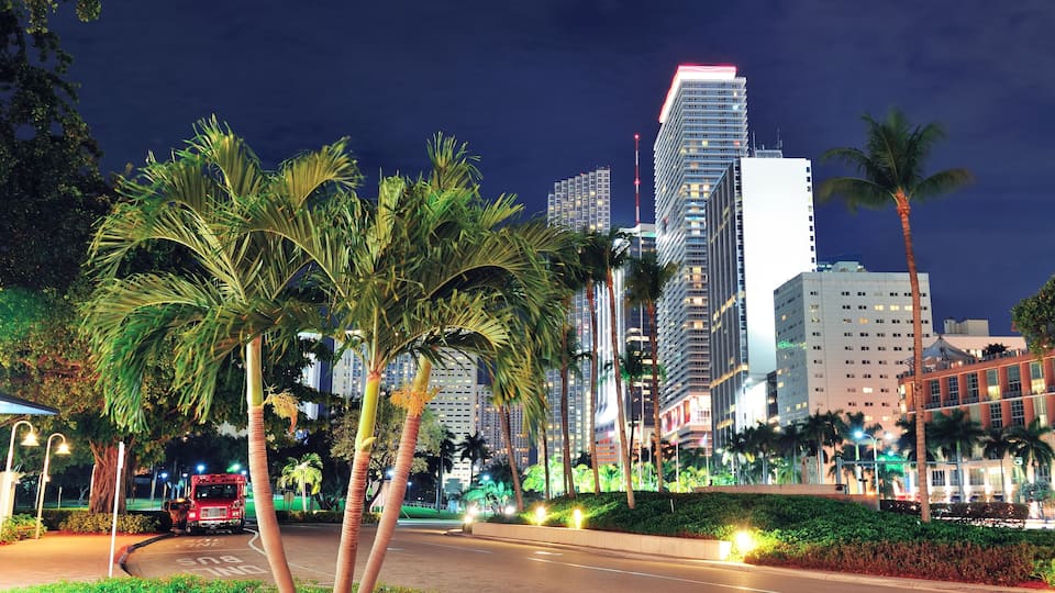Miami downtown street view at night with hotels