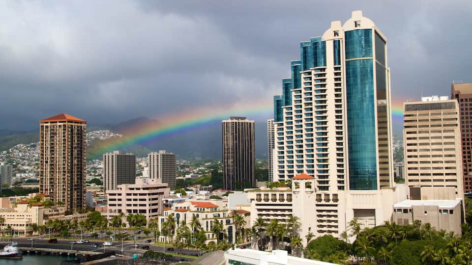 Downtown Honolulu which includes a city, skyline and modern architecture