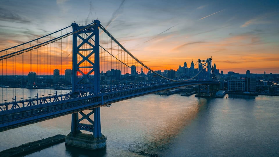 A suspension bridge with a city skyline in the background during sunset.