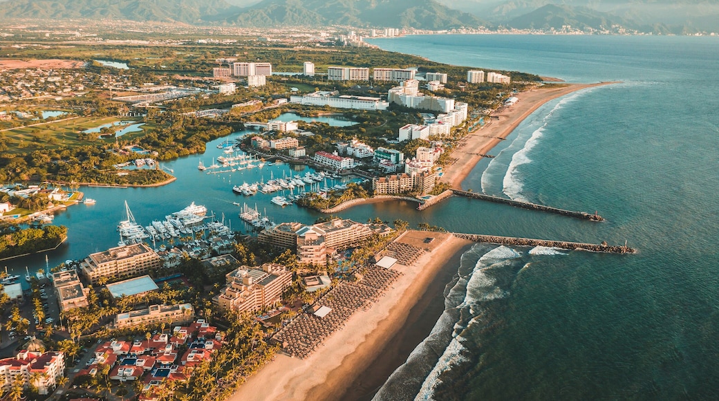 aerial view of coastline and bay