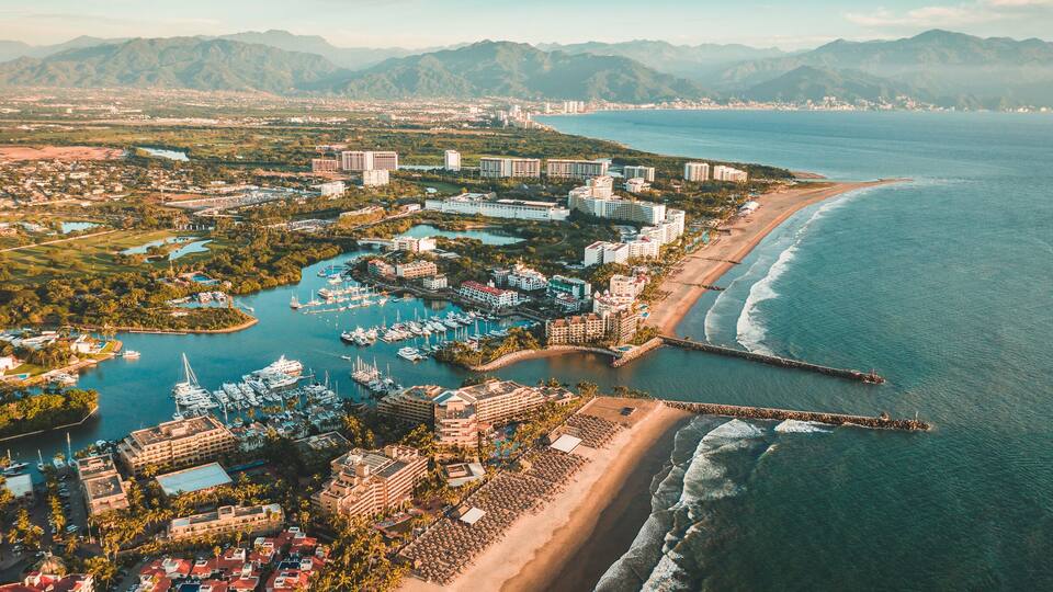 aerial view of coastline and bay