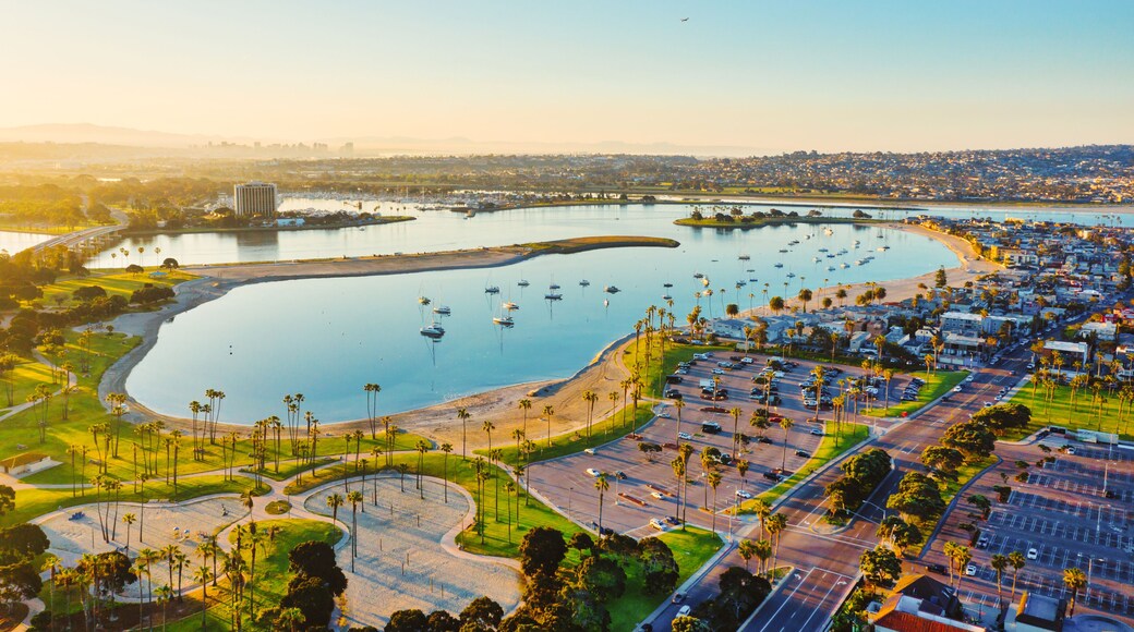 Aerial of Pacific Beach and Mission Valley in San Diego, California, a popular tourist destination