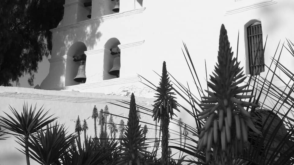 Monochrome image of the historic adobe California Mission de Alcala San Diego