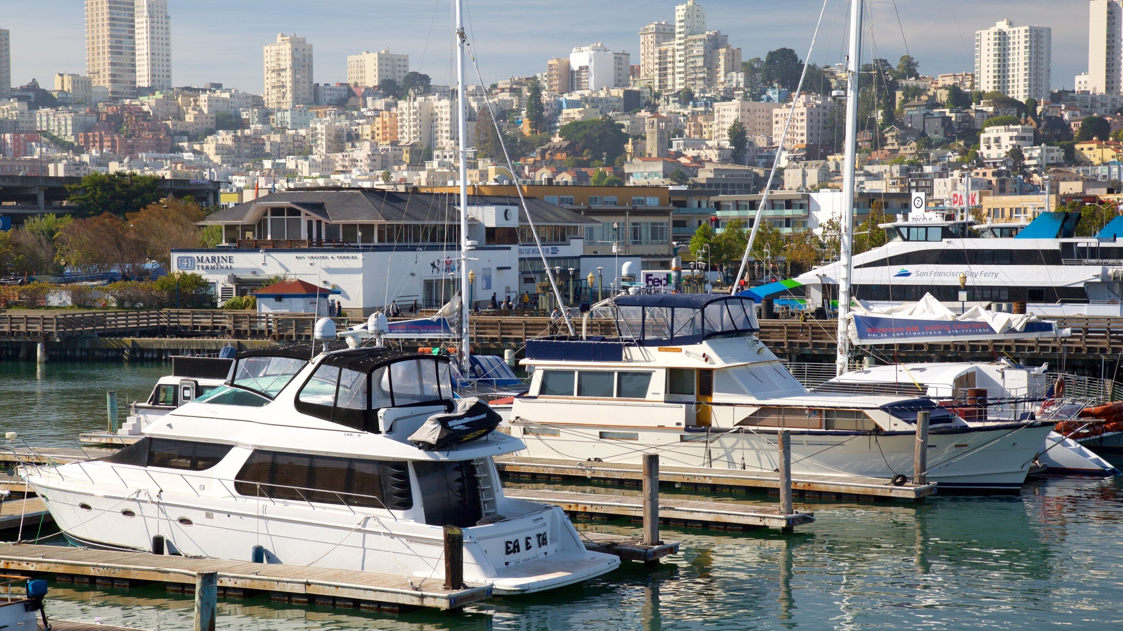 Fisherman\'s Wharf showing a bay or harbor and a city