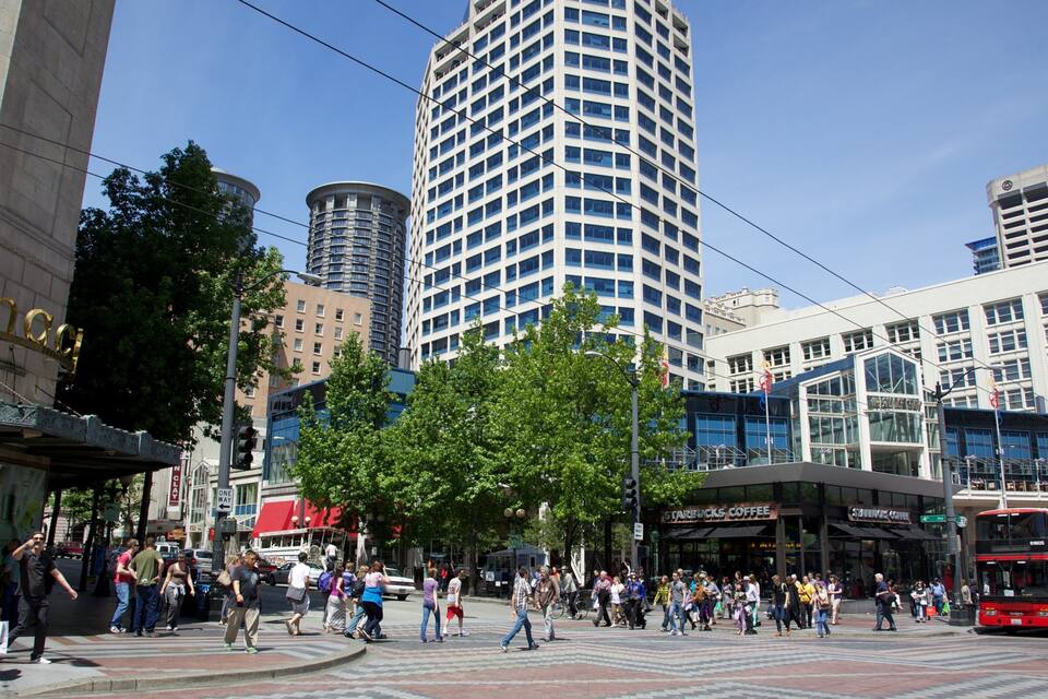 A busy urban street with pedestrians, a Starbucks Coffee, and modern buildings.