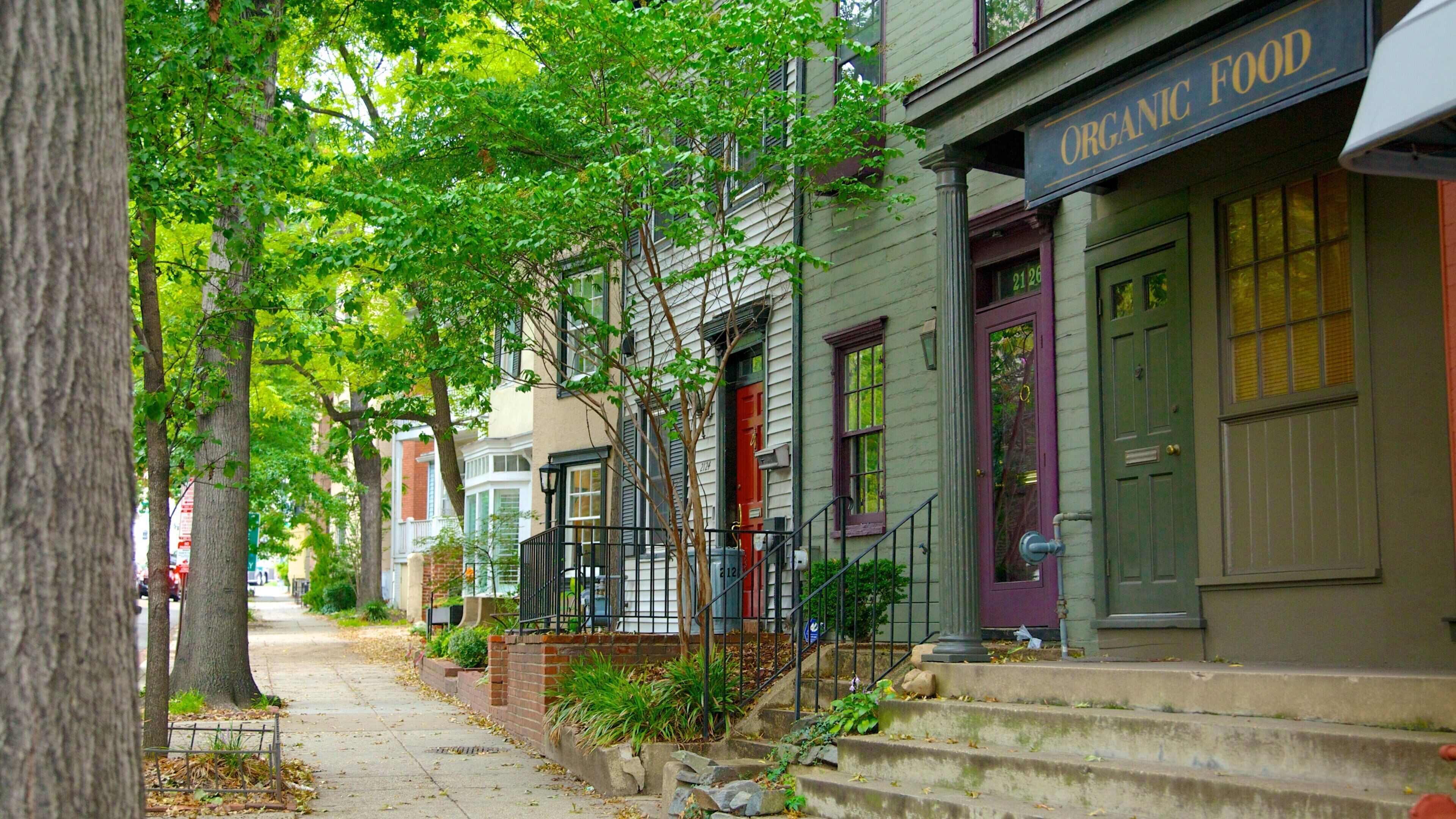 Dupont Circle showing a house, street scenes and signage