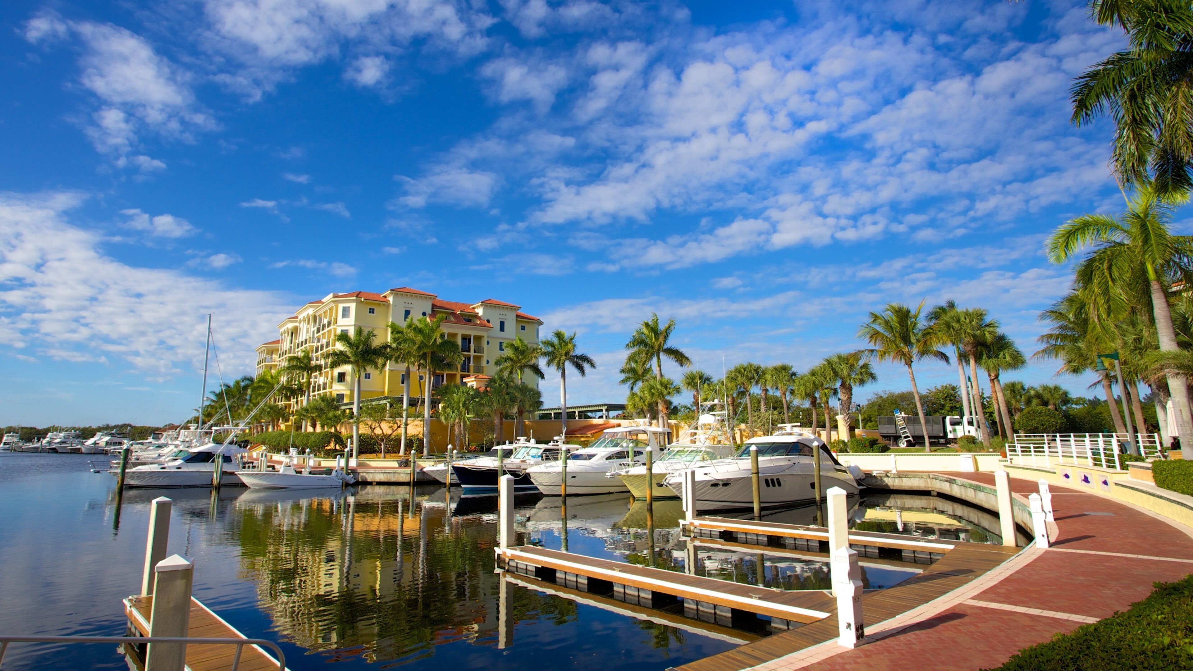 A marina with boats, a large building, palm trees, and a clear blue sky.
