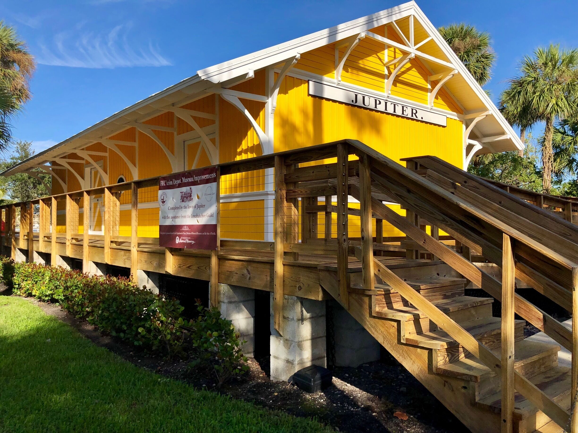 In 1894 Henry Flaglers Floridas East Coast (FEC) Railroad came to Jupiter, Florida.  This is the restored train depot building.  The railroad spurred development in the area bringing hotels, a general store and a fledgling community.