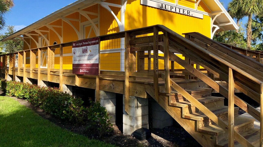 In 1894 Henry Flaglers Floridas East Coast (FEC) Railroad came to Jupiter, Florida. This is the restored train depot building. The railroad spurred development in the area bringing hotels, a general store and a fledgling community.
