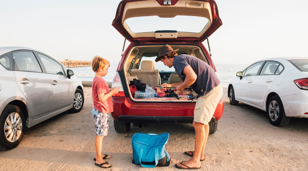 Father and son taking fishing rods from car boot, Goleta, California, United States, North America