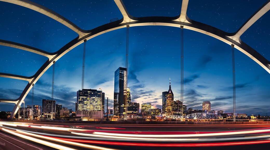 Nashville skyline during blue hour with river front