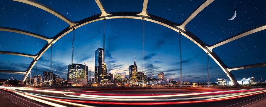 Nashville skyline during blue hour with river front