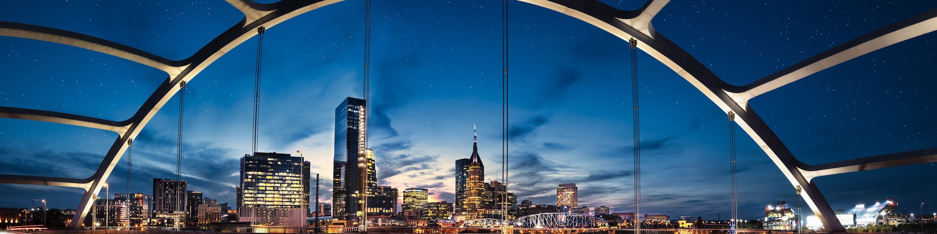 Nashville skyline during blue hour with river front