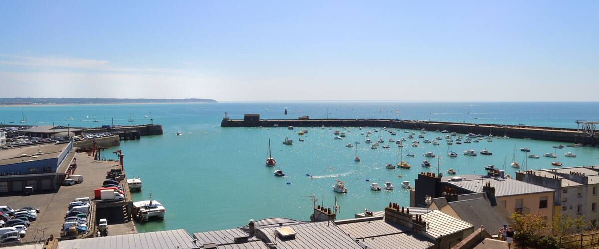A harbor with numerous boats, a clear sky, and a distant coastline.