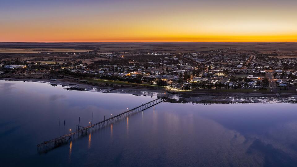Aerial panoramic view of Ceduna in South Australia at sunrise