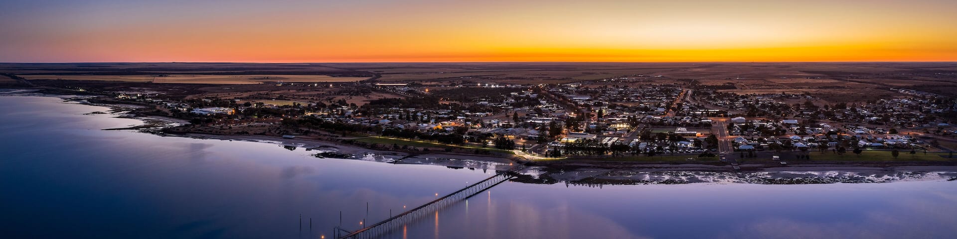 Aerial panoramic view of Ceduna in South Australia at sunrise