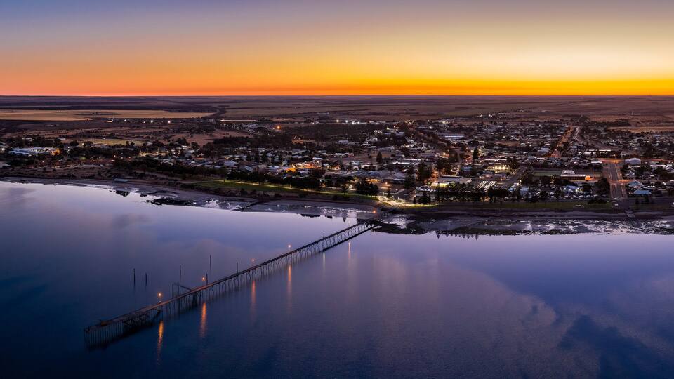 Aerial panoramic view of Ceduna in South Australia at sunrise