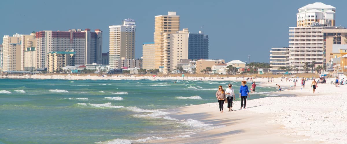 A beach with people walking, a sandy shore, and a city skyline with tall buildings in the background.