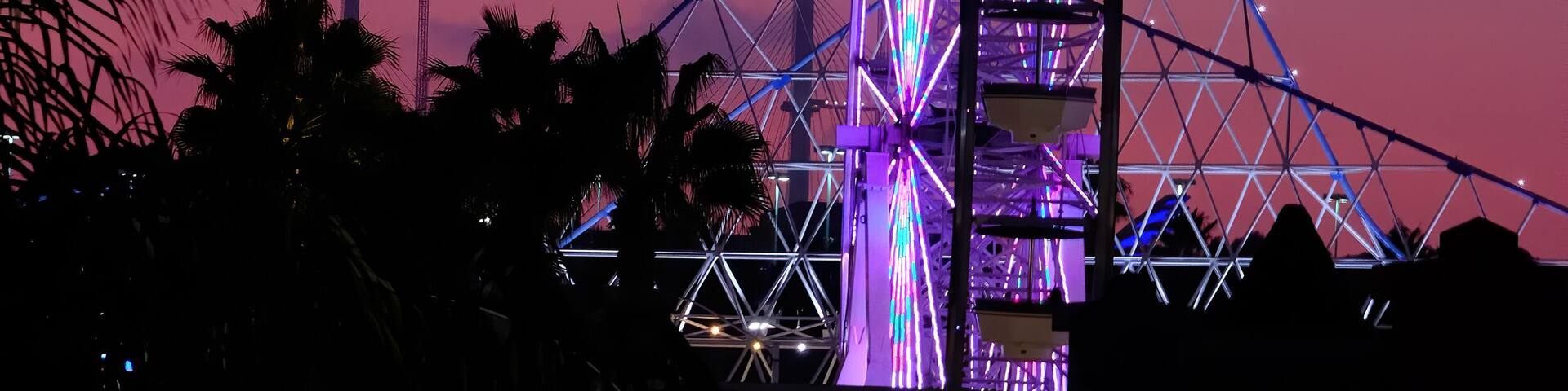 Una montaña rusa con una estructura iluminada en morado contra un cielo crepuscular.